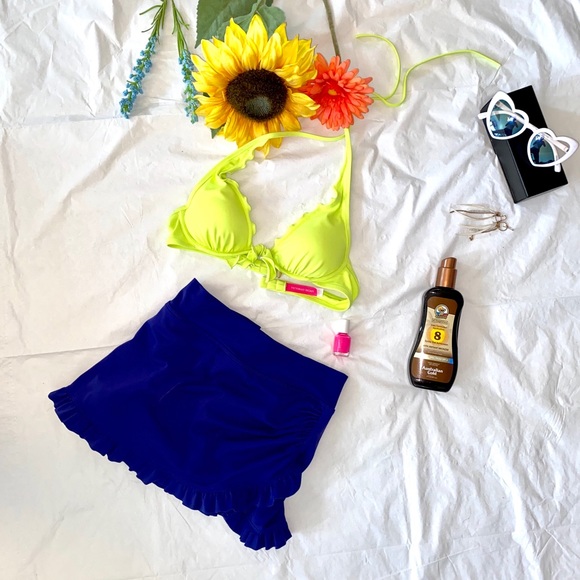 PINK Neon Bikini top, Lime Ricki Skirt Suit Bottom - Picture 1 of 8